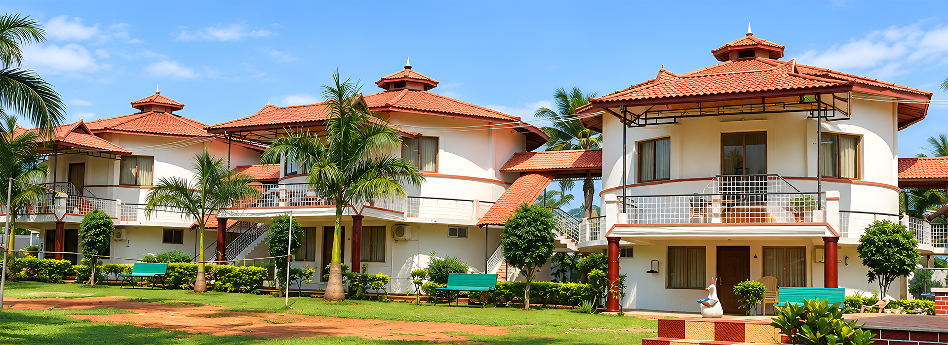 O Nila Resort circular cottages and lawn view